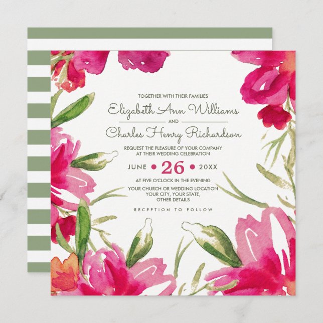 Invitation Mariage d'aquarelle Fuchsia Green Floral (Devant / Derrière)