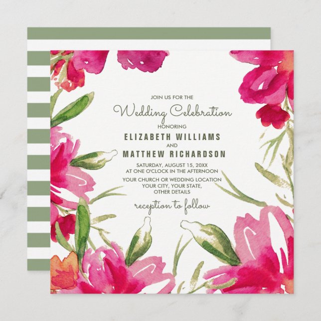 Invitation Mariage d'aquarelle Fuchsia Green Floral (Devant / Derrière)