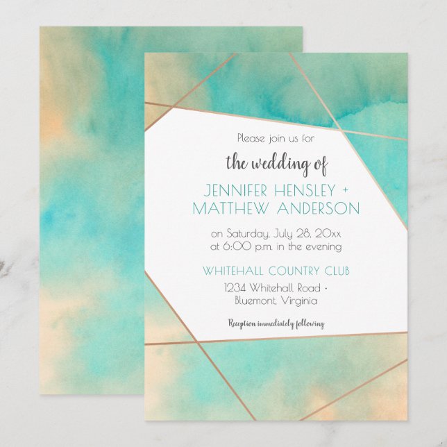 Invitation Mariage d'aquarelle géométrique Turquoise et d'aqu (Devant / Derrière)