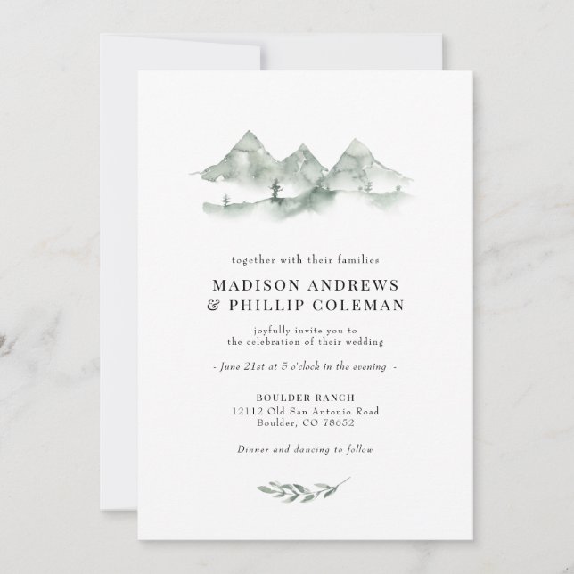 Invitation Mariage d'aquarelle Green Mountain (Devant)