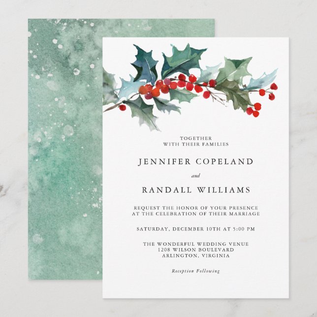 Invitation Mariage d'aquarelle Holiday Greenery (Devant / Derrière)