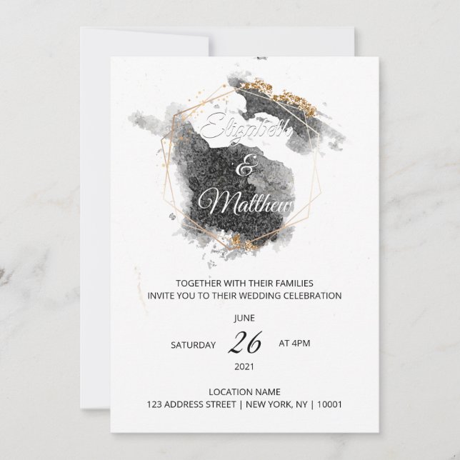 Invitation Mariage d'aquarelle moderne Black & Gold Hexagon (Devant)