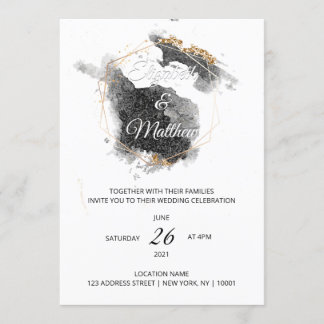 Invitation Mariage d'aquarelle moderne Black & Gold Hexagon