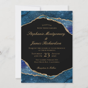 Invitation Mariage d'aquarelle moderne Blue Gold Foil Agate
