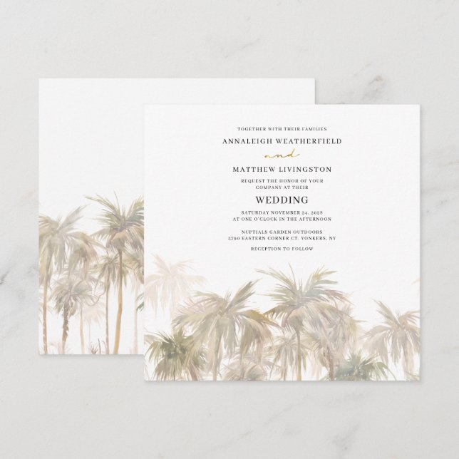 Invitation Mariage d'aquarelle moderne Palm Trees (Devant / Derrière)