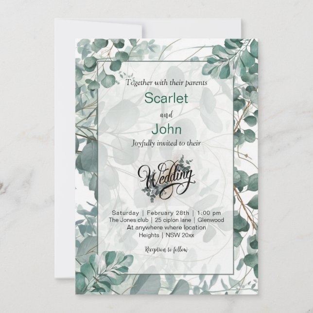 Invitation Mariage d'aquarelle moderne sauge vert eucalyptus (Devant)