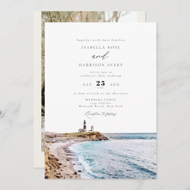 Invitation MARIAGE d'aquarelle MONTAUK Lighthouse New York (Devant / Derrière)