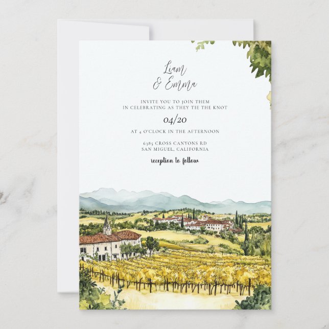 Invitation Mariage d'aquarelle Napa Valley California (Devant)