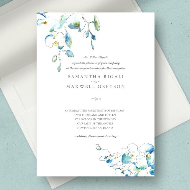 Invitation Mariage d'aquarelle orchidée bleue (hand drawn wedding invitations features watercolor blue flowers with line art. )