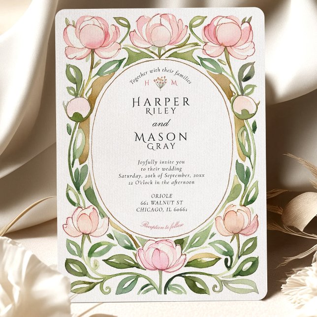 Invitation Mariage d'aquarelle Peonies vintages (Créateur téléchargé)