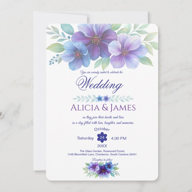 Invitation Mariage d'aquarelle romantique bleu violet (Devant)
