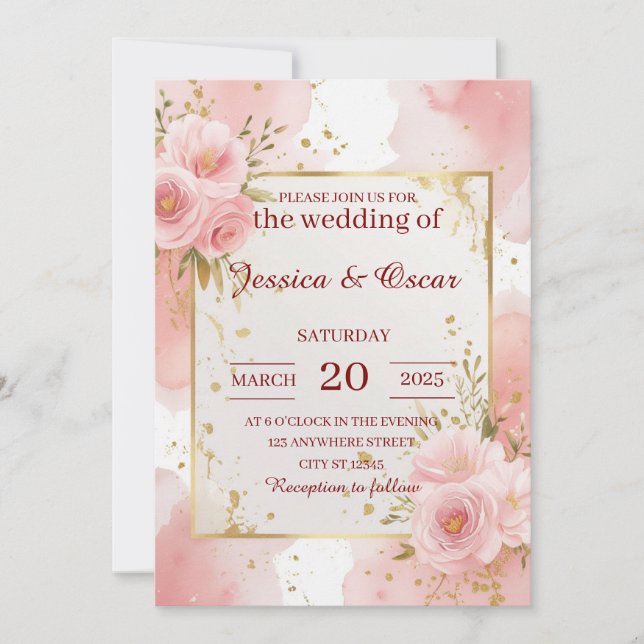 Invitation Mariage d'aquarelle romantique rose pâle (Devant)