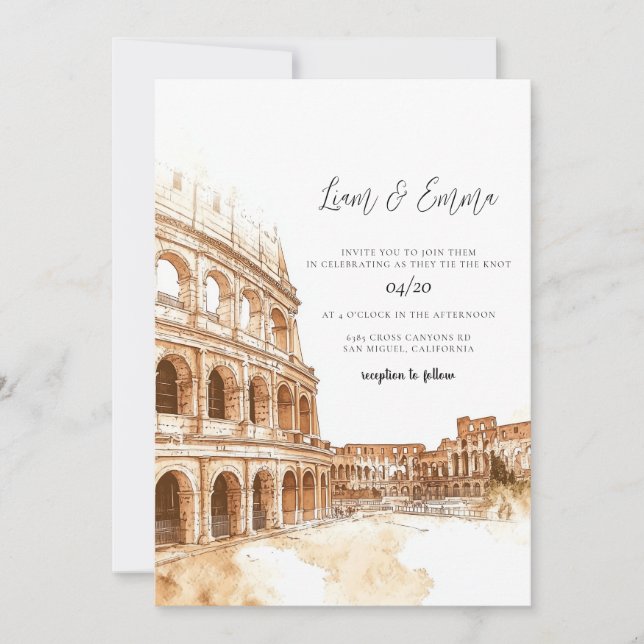 Invitation Mariage d'aquarelle Rome Italie (Devant)