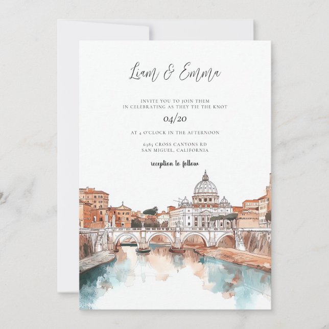 Invitation Mariage d'aquarelle Rome Italie (Devant)