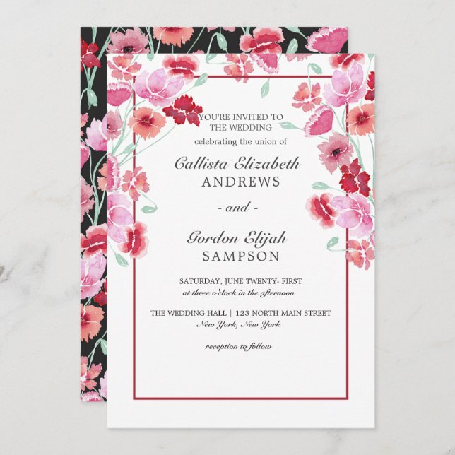 Invitation Mariage d'aquarelle rose corail (Devant / Derrière)