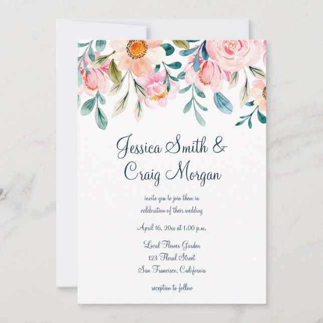 Invitation Mariage d'aquarelle rose corail et Turquoise (Devant)