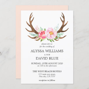 Invitation Mariage d'aquarelle rose de la florale de Deer Ant