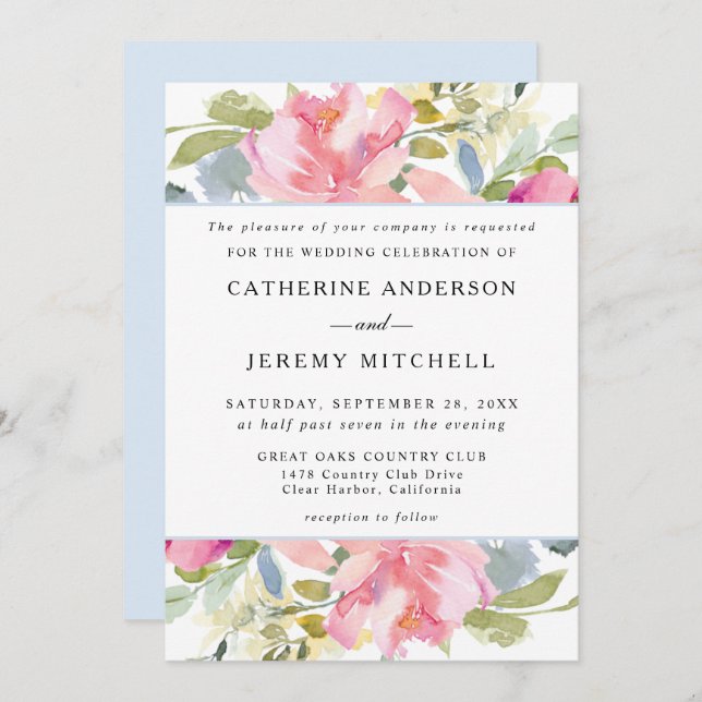 Invitation Mariage d'aquarelle rose doux (Devant / Derrière)