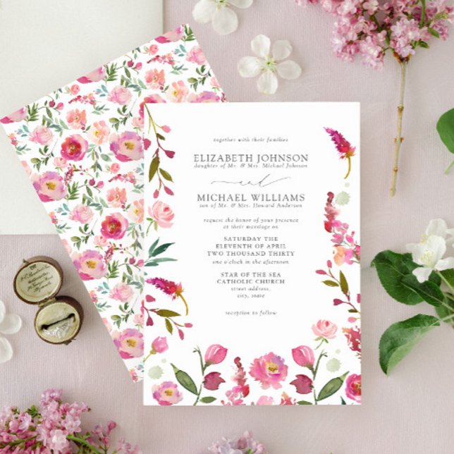 Invitation Mariage d'aquarelle rose élégant (Créateur téléchargé)