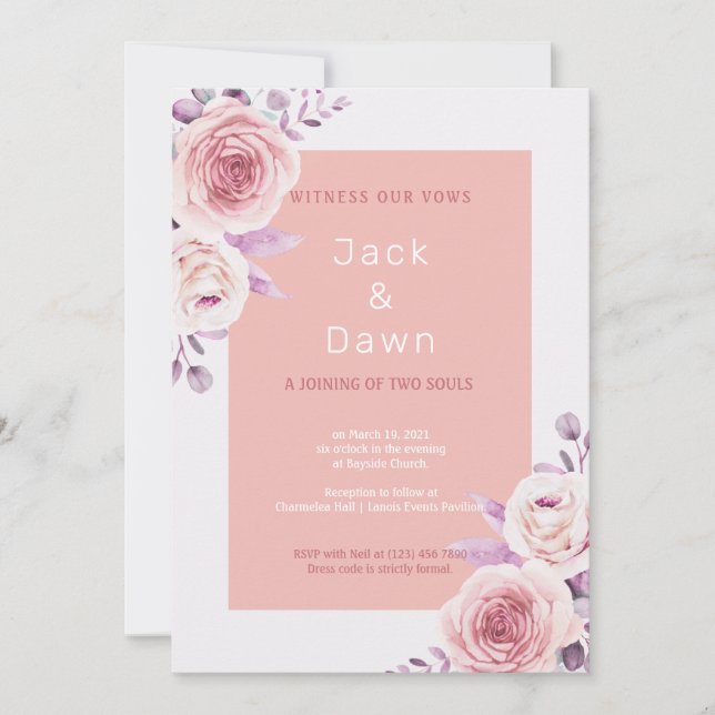 Invitation Mariage d'aquarelle rose et blanc (Devant)