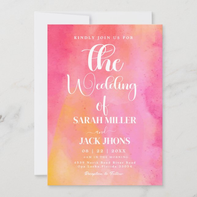Invitation Mariage d'aquarelle rose et orange (Devant)