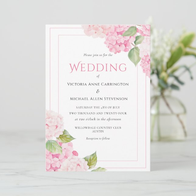 Invitation Mariage d'aquarelle rose Hydrangea Floral (Debout devant)