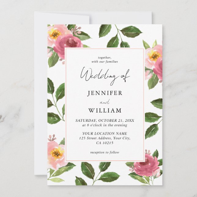 Invitation Mariage d'aquarelle rose pâle (Devant)