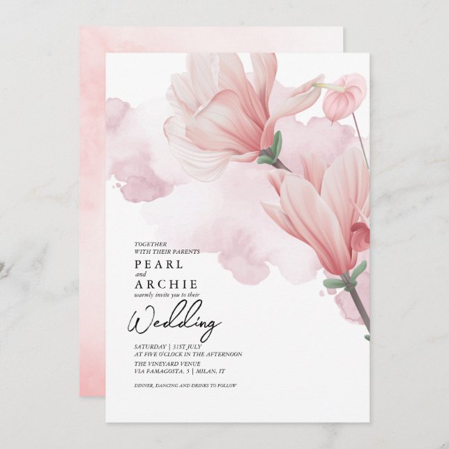 Invitation Mariage d'aquarelle rose pâle (Devant / Derrière)