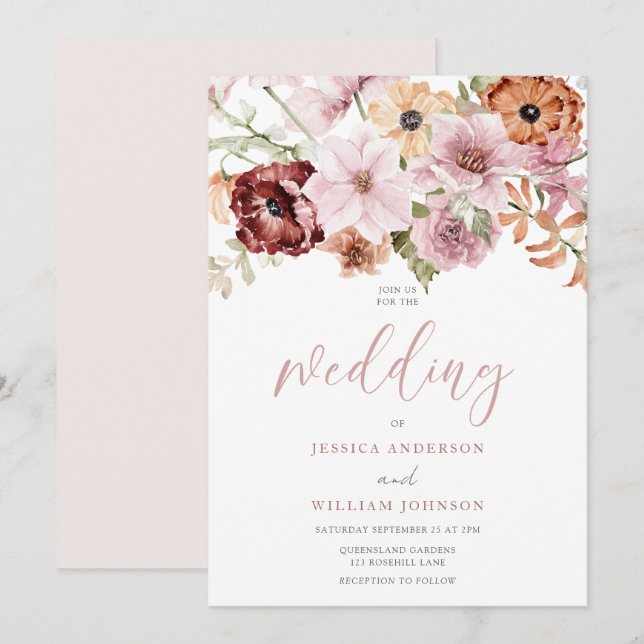 Invitation Mariage d'aquarelle rose pâle (Devant / Derrière)