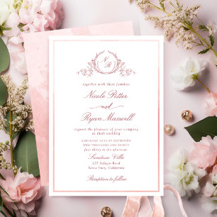 Invitation Mariage d'aquarelle rose pâle monogramme classique