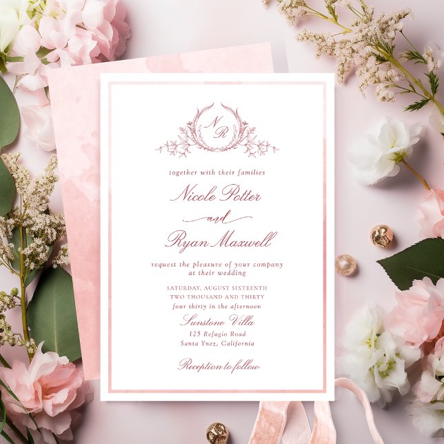 Invitation Mariage d'aquarelle rose pâle monogramme classique (Créateur téléchargé)