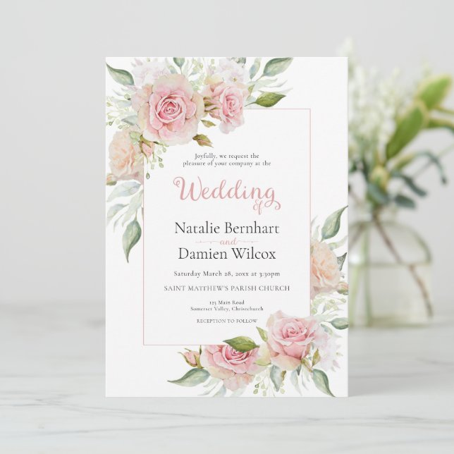 Invitation Mariage d'aquarelle rose pastel (Debout devant)