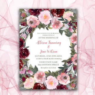 Invitation Mariage d'aquarelle rose rose bordeaux