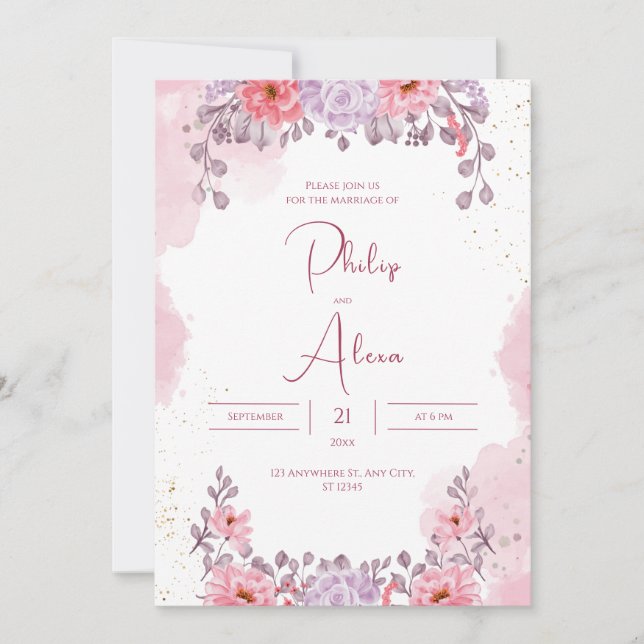 Invitation Mariage d'aquarelle rose rose Rose (Devant)