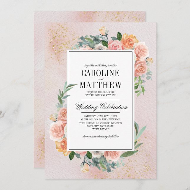 Invitation Mariage d'aquarelle rose vif (Devant / Derrière)
