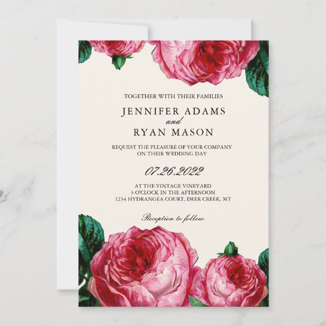 Invitation Mariage d'aquarelle rose vintage (Devant)