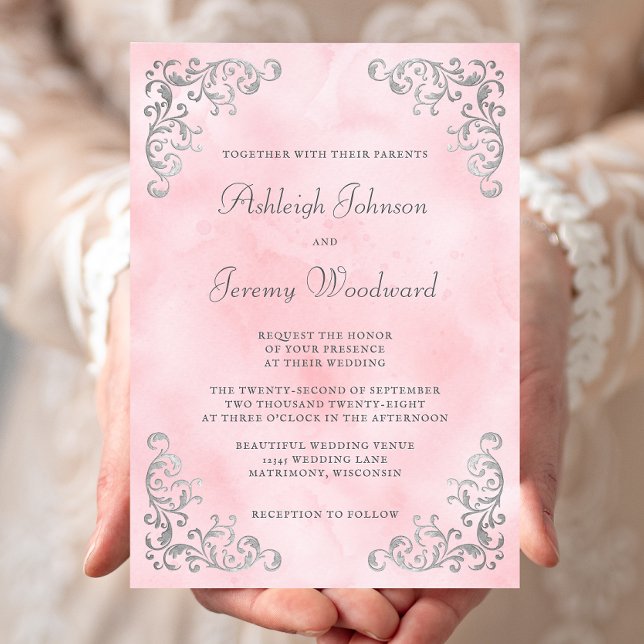 Invitation Mariage d'aquarelle rose vintage Silver (Créateur téléchargé)