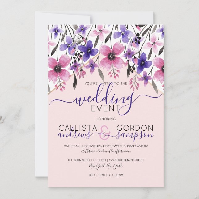 Invitation Mariage d'aquarelle rose violet (Devant)