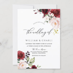 Invitation Mariage d'aquarelle rouge bordeaux romantique