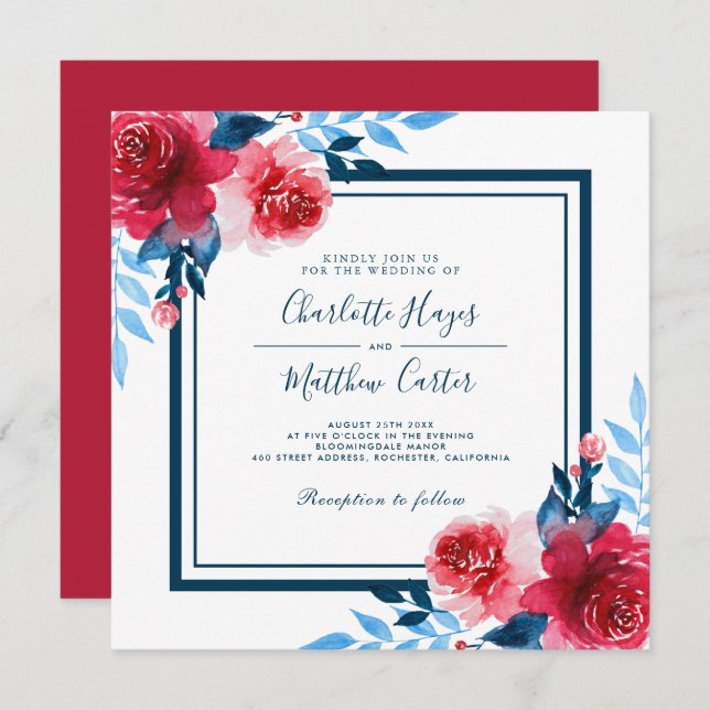 Invitation Mariage d'aquarelle rouge et bleu (Devant / Derrière)