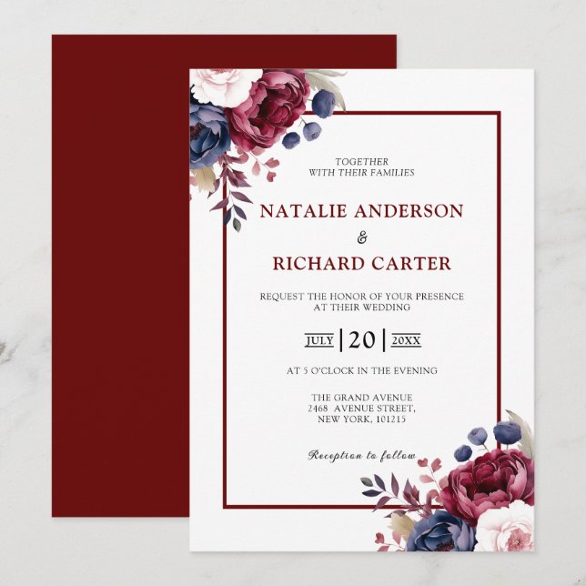 Invitation Mariage d'aquarelle rouge rousse rose pâle (Devant / Derrière)