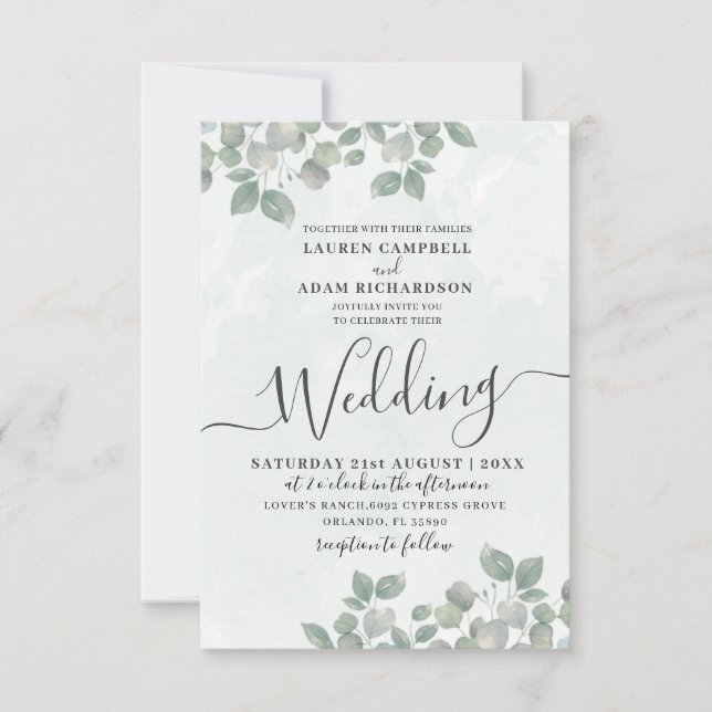 Invitation Mariage d'aquarelle Russe Green Eucalyptus (Devant)