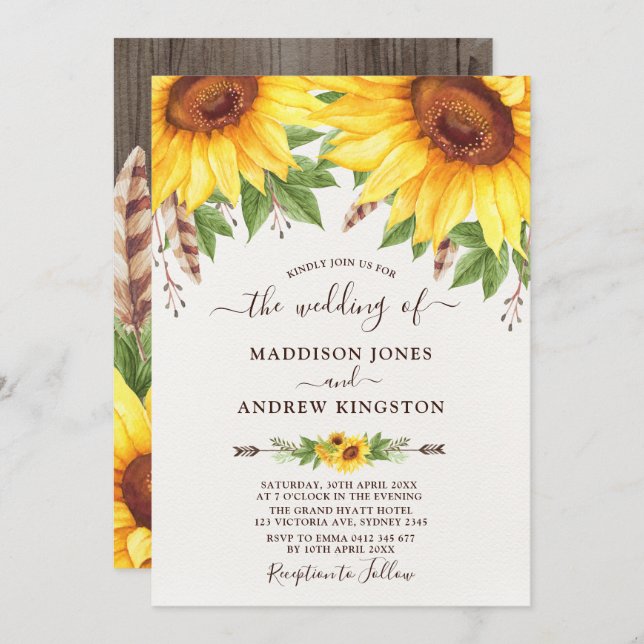 Invitation Mariage d'aquarelle Russe Sunflowers Boho (Devant / Derrière)