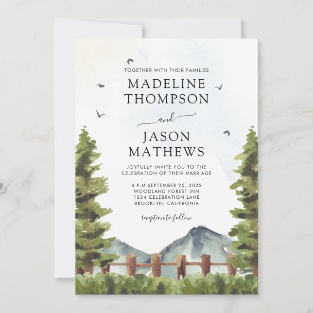 Invitation Mariage d'aquarelle rustique de Forest Mountain (Devant)