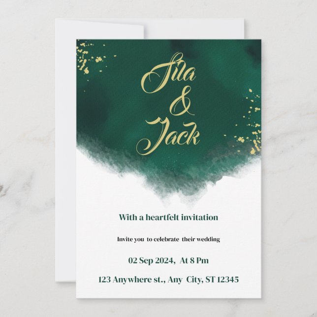 Invitation mariage d'aquarelle tendance vert et or (Devant)