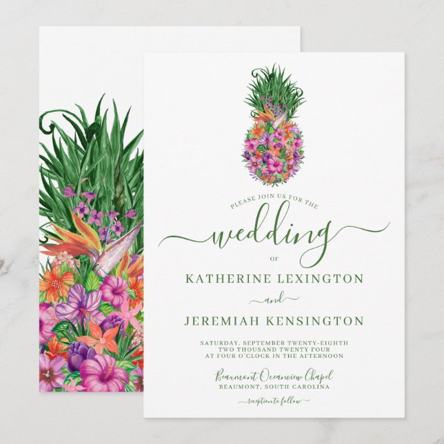 Invitation Mariage d'aquarelle tropicale à ananas (Devant / Derrière)