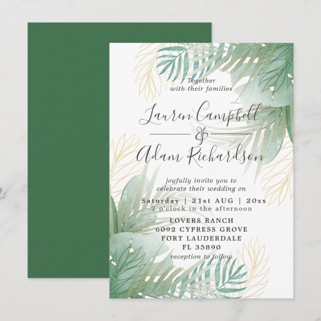 Invitation Mariage d'aquarelle tropicale verte (Devant / Derrière)