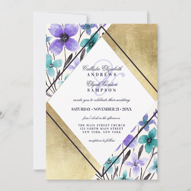 Invitation Mariage d'aquarelle Turquoise couleur or violet no (Devant)