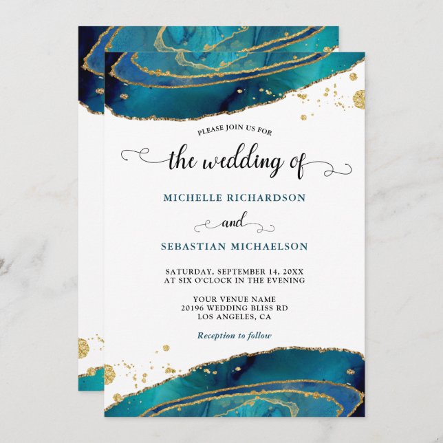 Invitation Mariage d'aquarelle turquoise Gold Agate (Devant / Derrière)