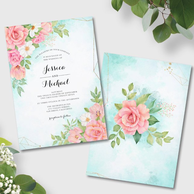 Invitation Mariage d'aquarelle turquoise Ombre Floral Cadre (Créateur téléchargé)